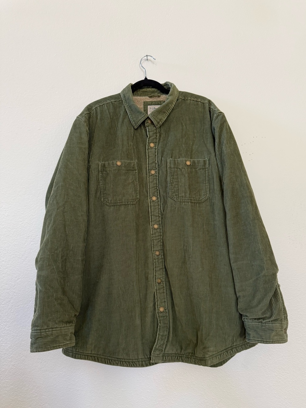 L.L.Bean Corduroy Sherpa Lined Shirt Jacket Shacket Snap XL Tall Olive Green